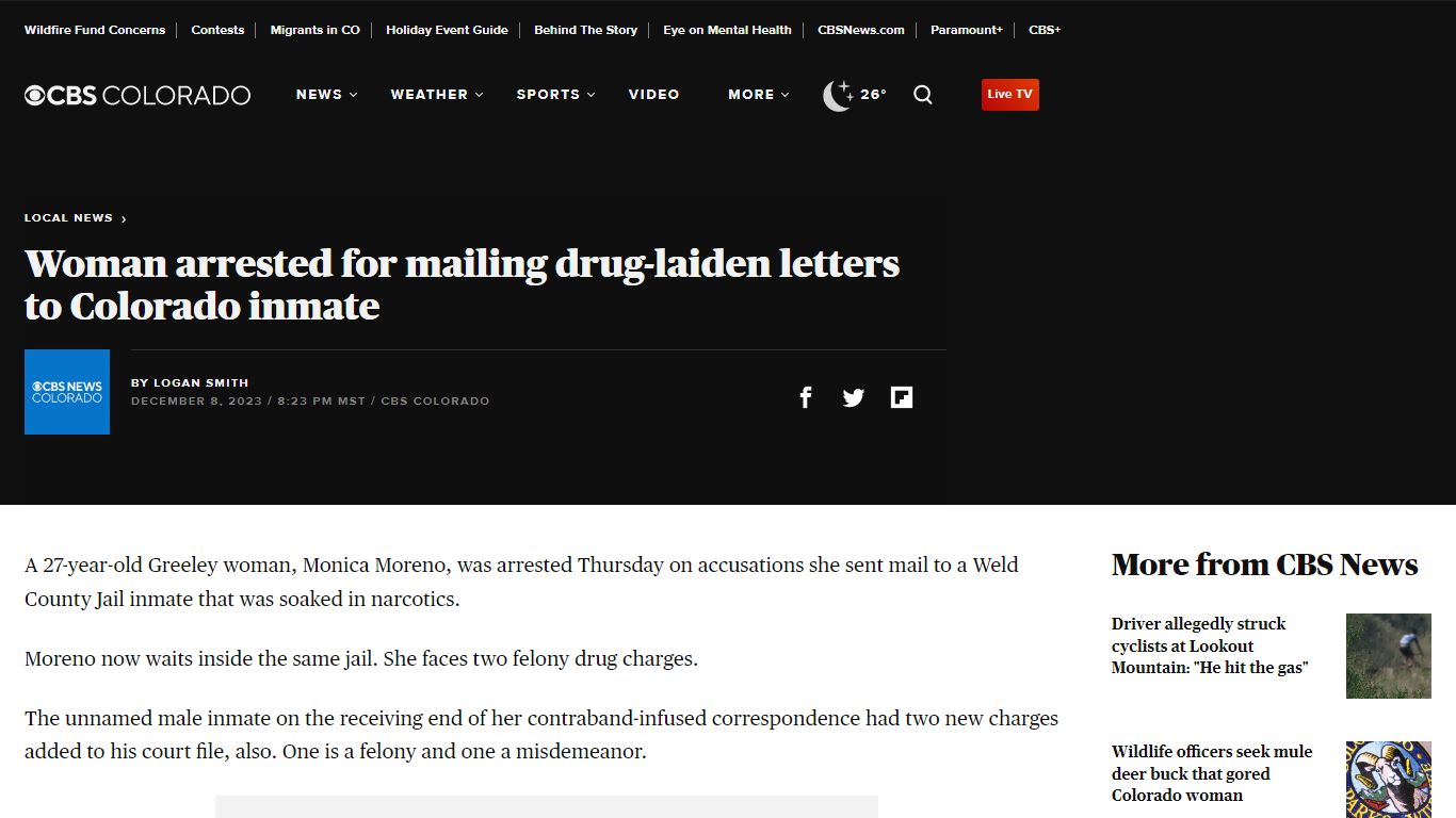 Woman arrested for mailing drug-laiden letters to Colorado inmate